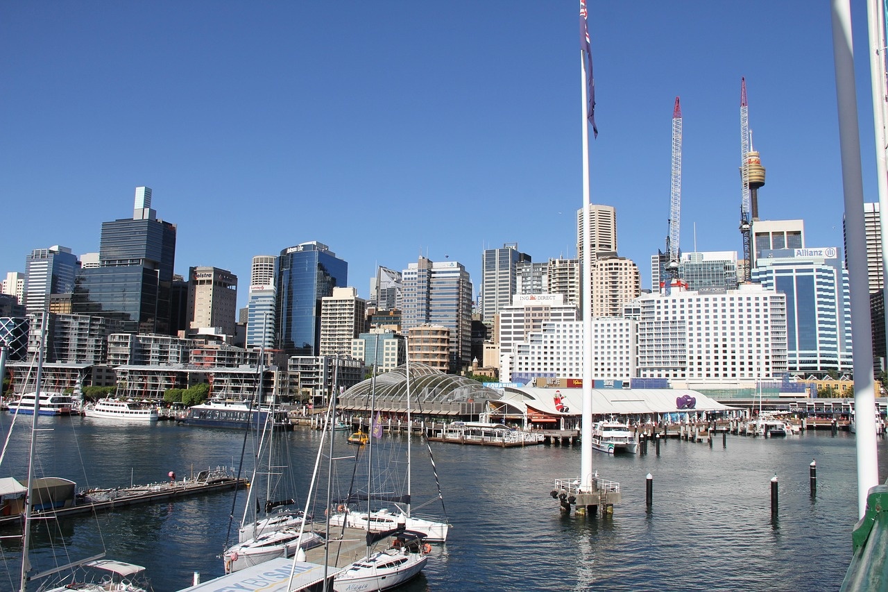 Sydney city waterfront with boats and skyscrapers